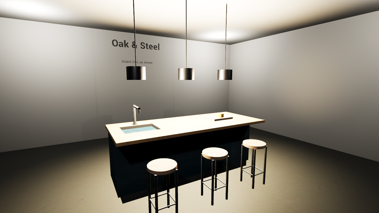 A picture of A kitchen island showroom in Unreal Engine from the game running on a flat screen